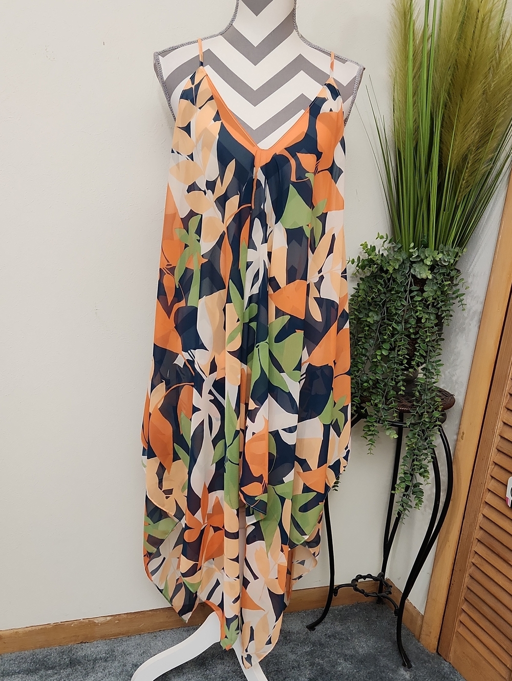 Asymmetrical Floral Slip Dress in Orange Multi Color Pattern